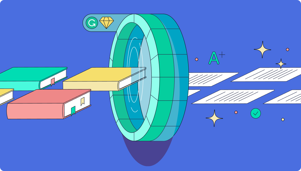 Illustration of a portal, with textbooks entering into one side and sparkling documents coming out of the other