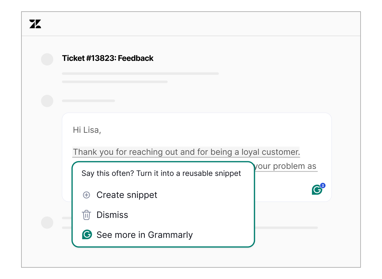 An example of Grammarly Snippets on Zendesk