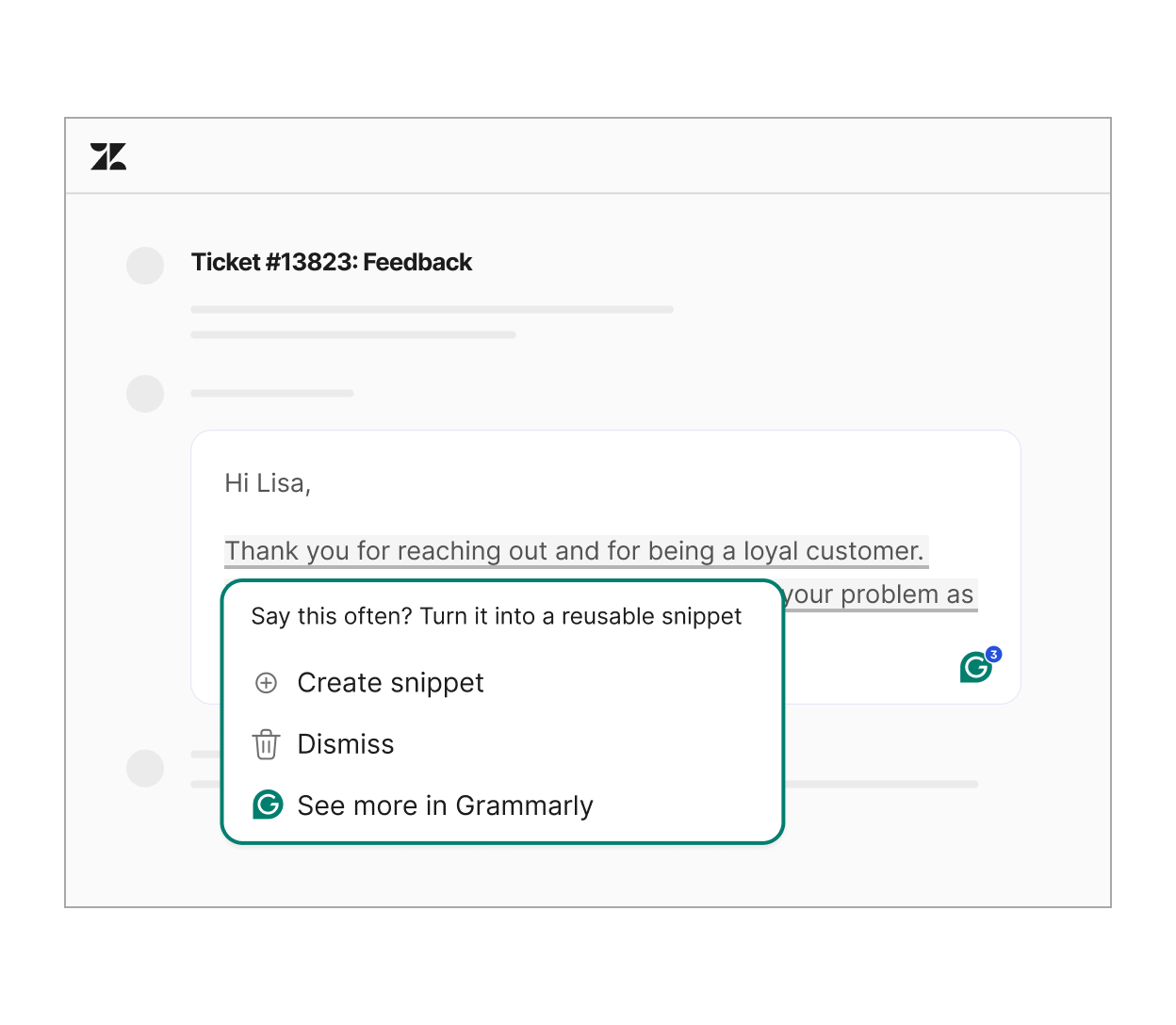 An example of Grammarly Snippets on Zendesk