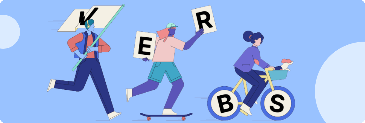 Colorful graphic of people with letters that spell out the word "VERBS".