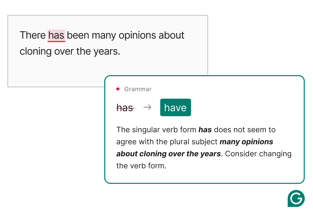 Grammarly product example shows a proofreading example