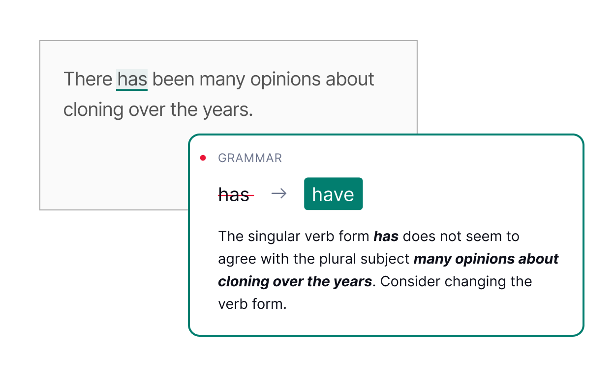 Grammarly product example shows a proofreading example