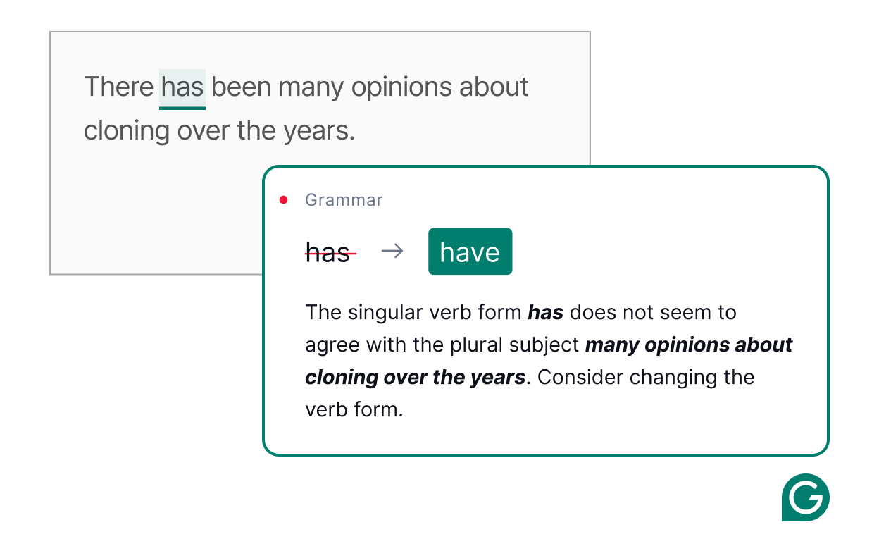 Grammarly product example shows a proofreading example
