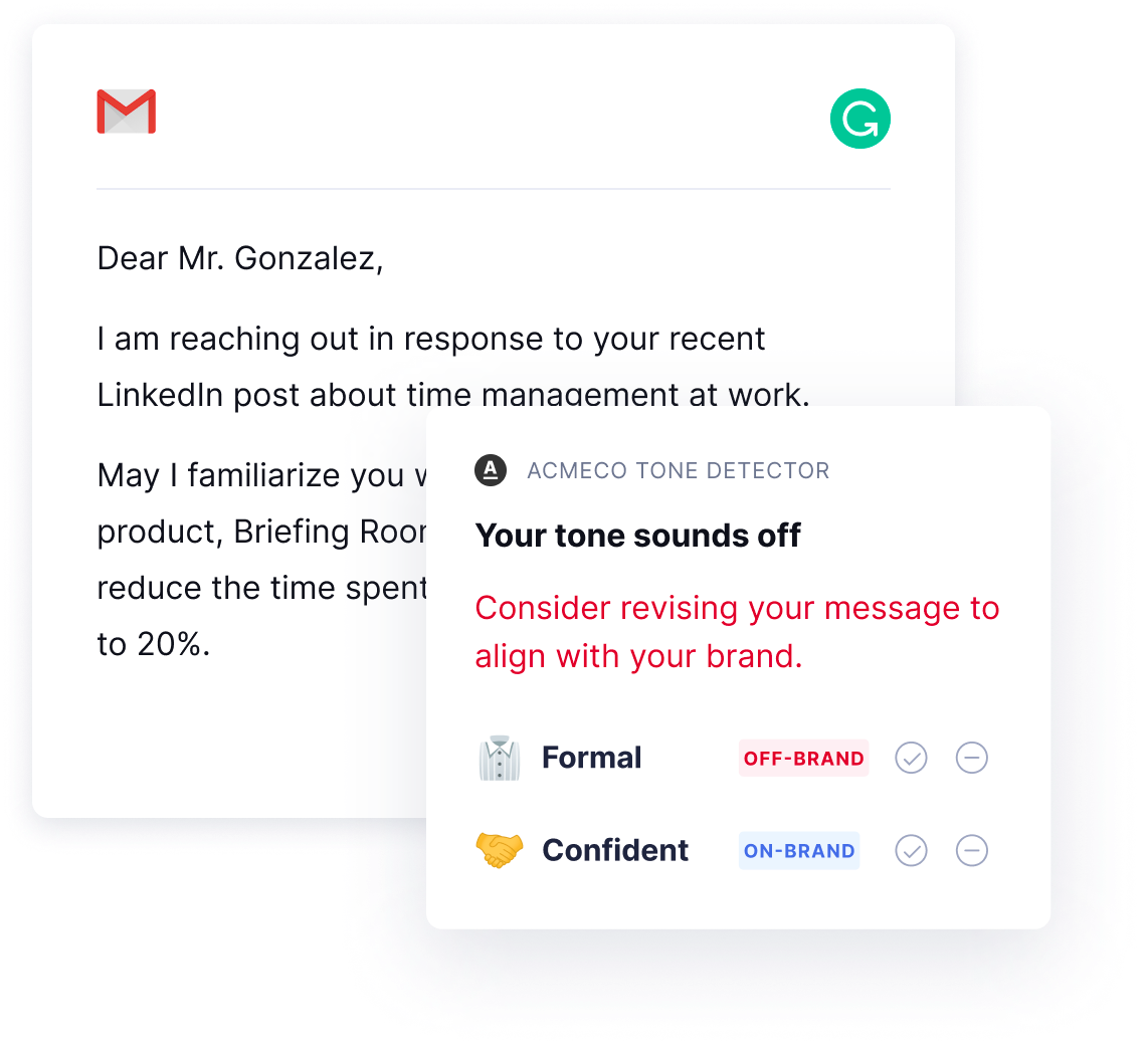 A Grammarly suggestion showing a recommendation for a more confident tone