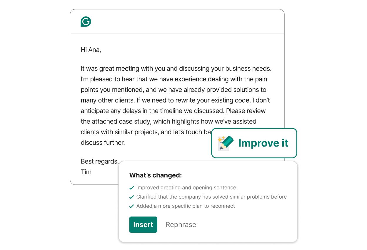 Grammarly AI improving copy and showing what's changed