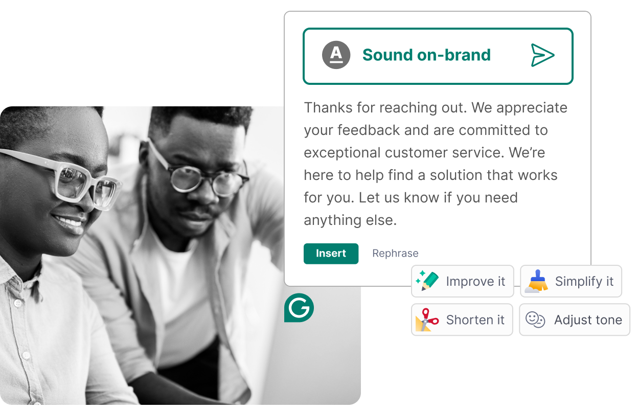 Grammarly product showing how you can make text sound more on brand through generative AI
