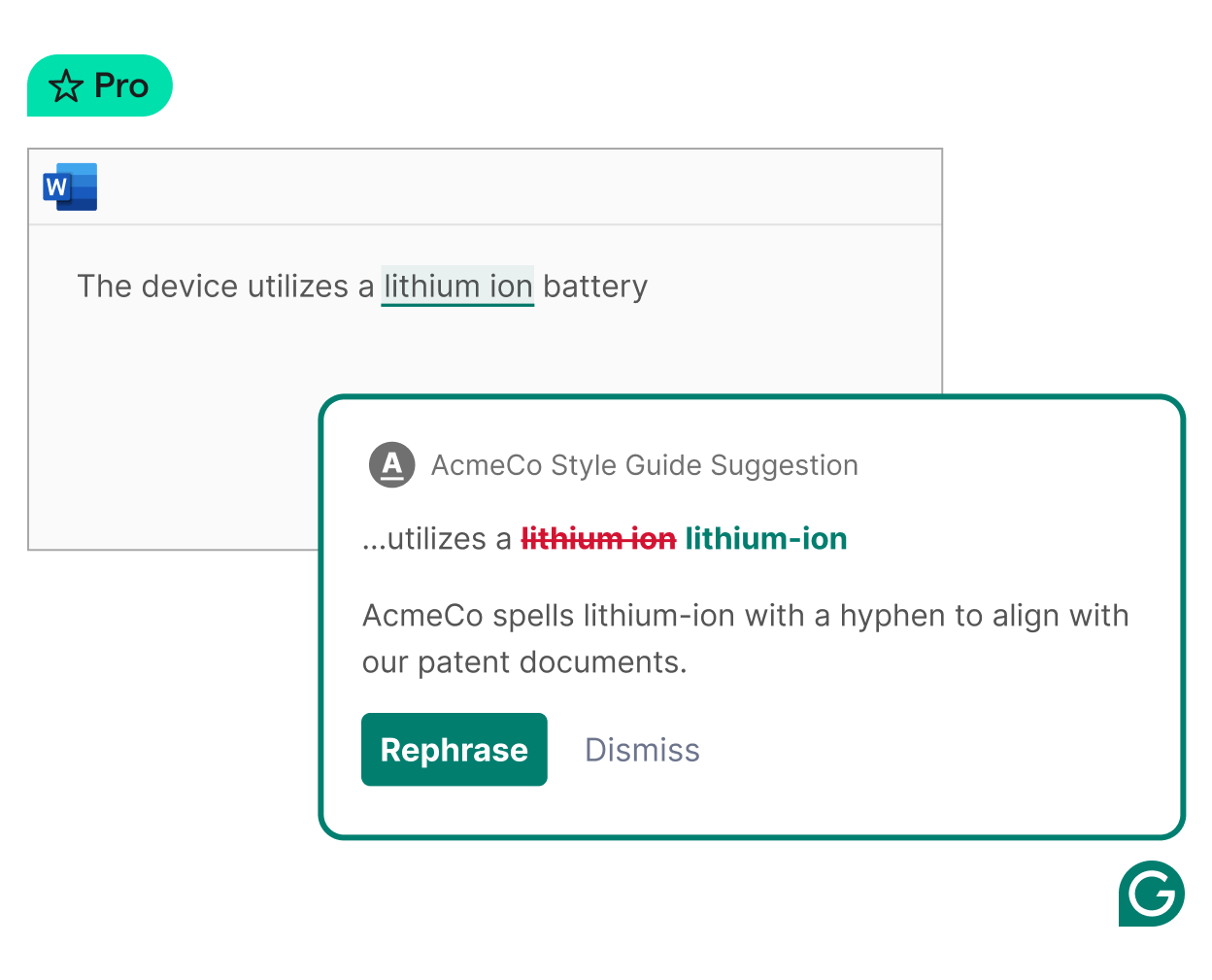 Style guide suggestion from Grammarly to ensure AcmeCo is on brand