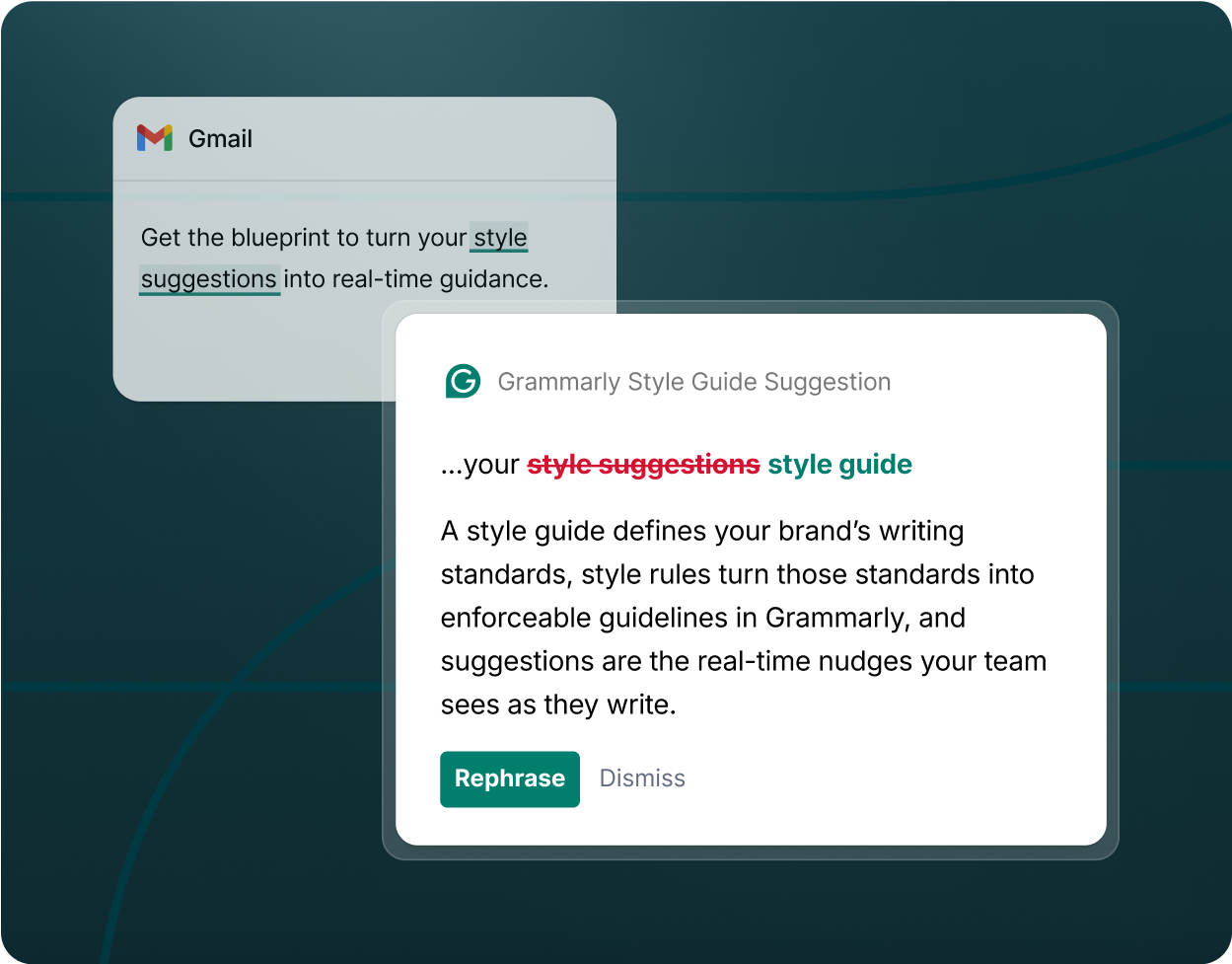 Grammarly making a style guide suggestion in a Gmail
