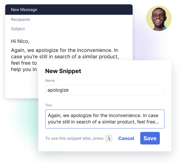 Example of how the snippet functionality can be used in the Grammarly product