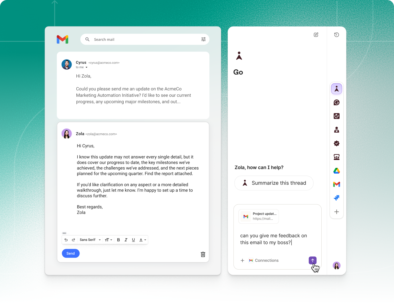Official Grammarly image of a Gmail inbox with a Go assistant panel open beside it summarising a thread and offering a project update request