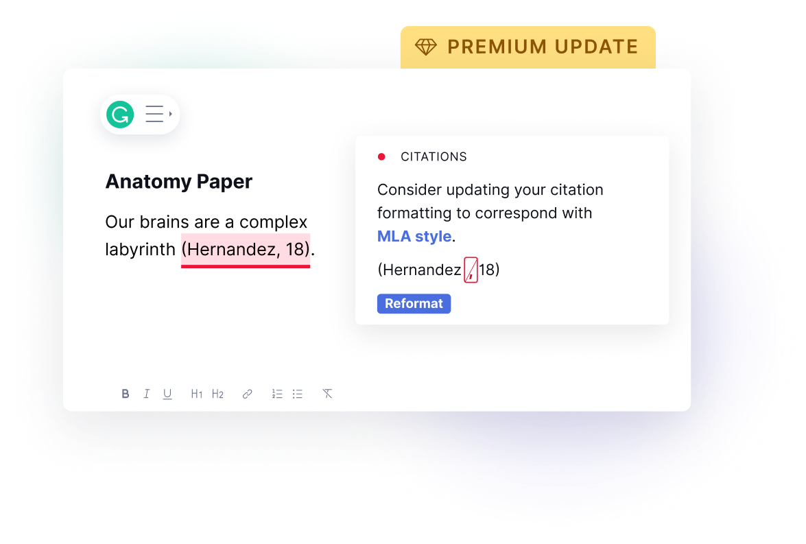 Grammarly provides corrections to a citations in MLA style.