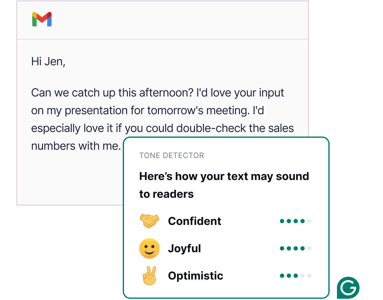 Grammarly detects your tone in an email to your colleague. 