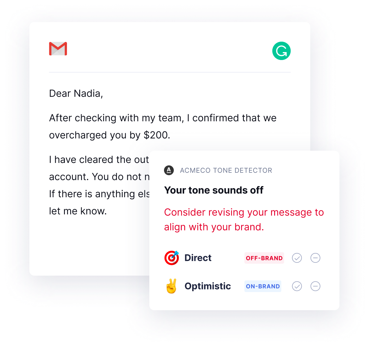 A tone suggestion from Grammarly recommending a more optimistic tone