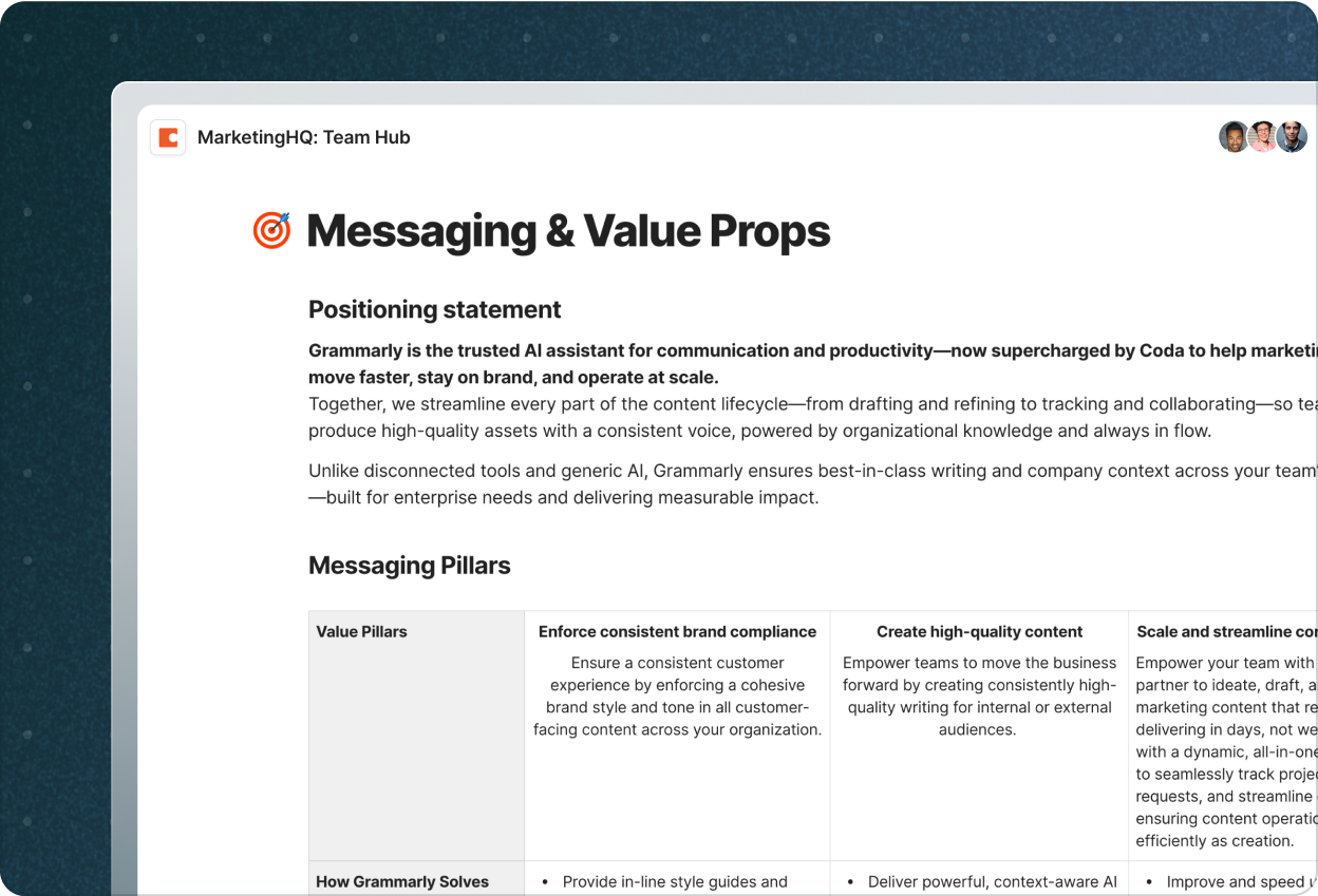 Coda Messaging & Value Props product example
