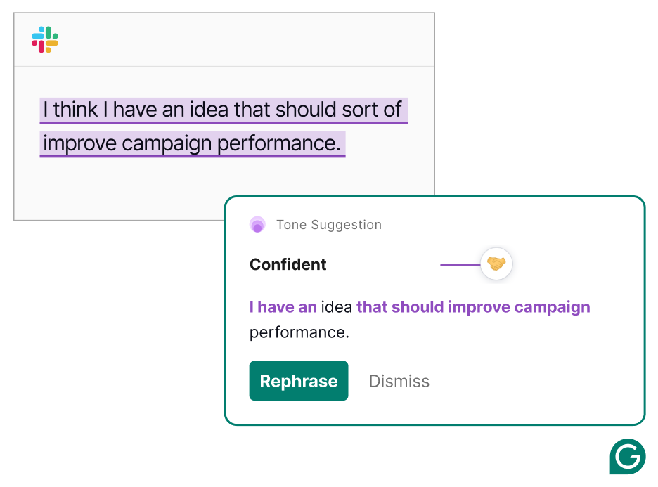 Grammarly showing that the tone of a Slack message is confident
