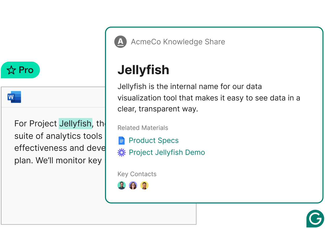 An outlook email with an example of Grammarly's knowledge share feature