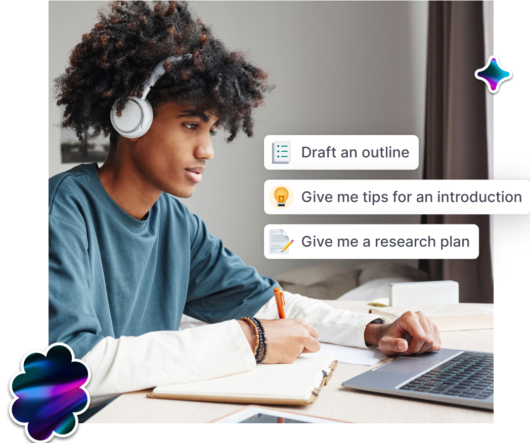 A student sits wearing headphones in front of a laptop. 