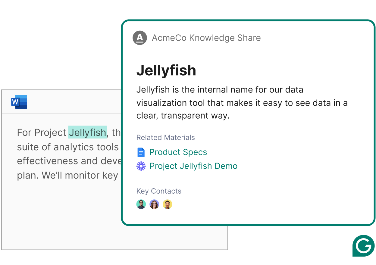 Example of how Grammarly's knowledge share can surface relevant information and documents