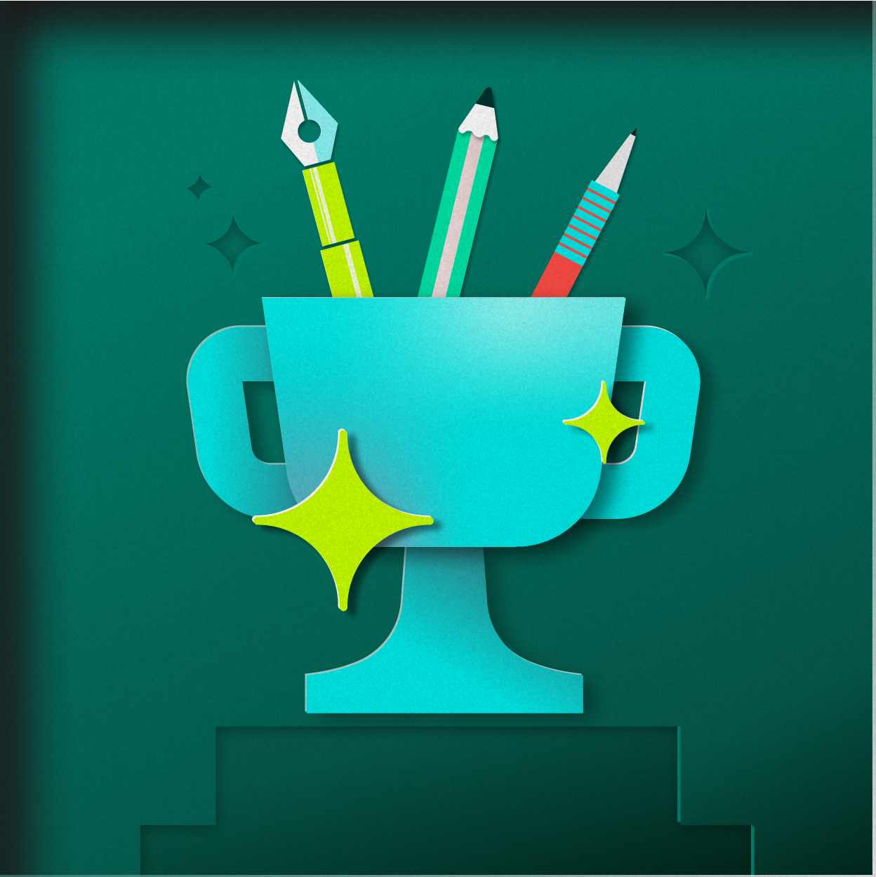 Trophy with pens and pencils illustration