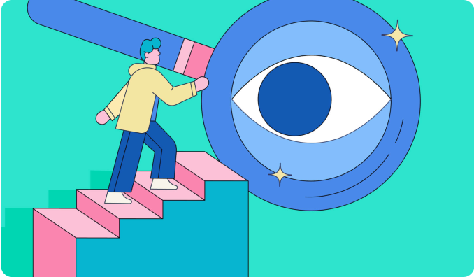 Illustration of a person walking up stairs beside a large magnifying glass. 