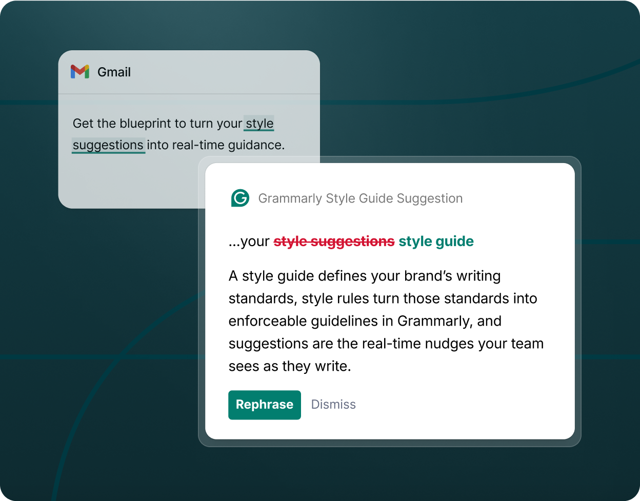 A user writing an e-mail in Gmail and getting a style guide suggestion from Grammarly