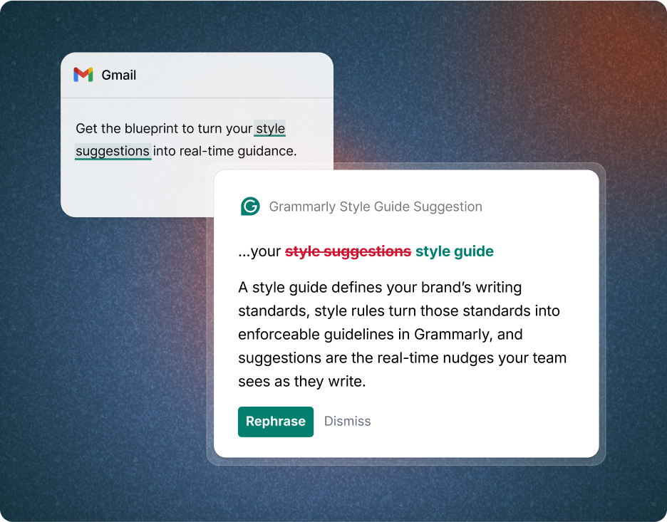 A user writing an e-mail in Gmail and getting a style guide suggestion from Grammarly