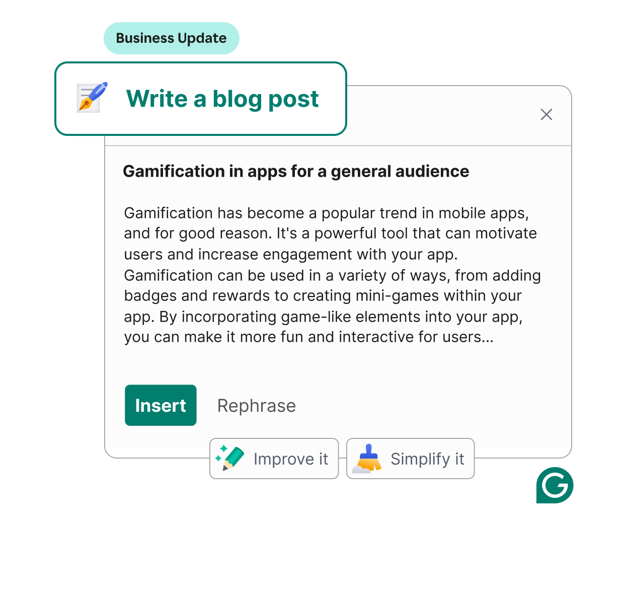 Grammarly assists with writing a blog post.
