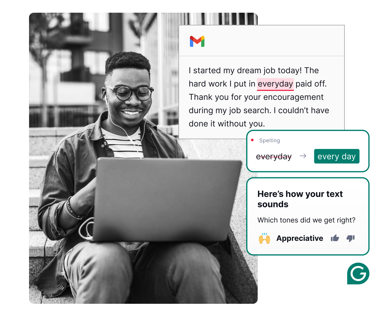 A person smiles while typing on a laptop