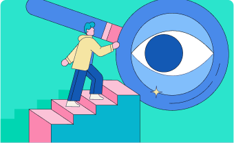 Illustration of a person climbing stairs toward a large magnifying glass. 