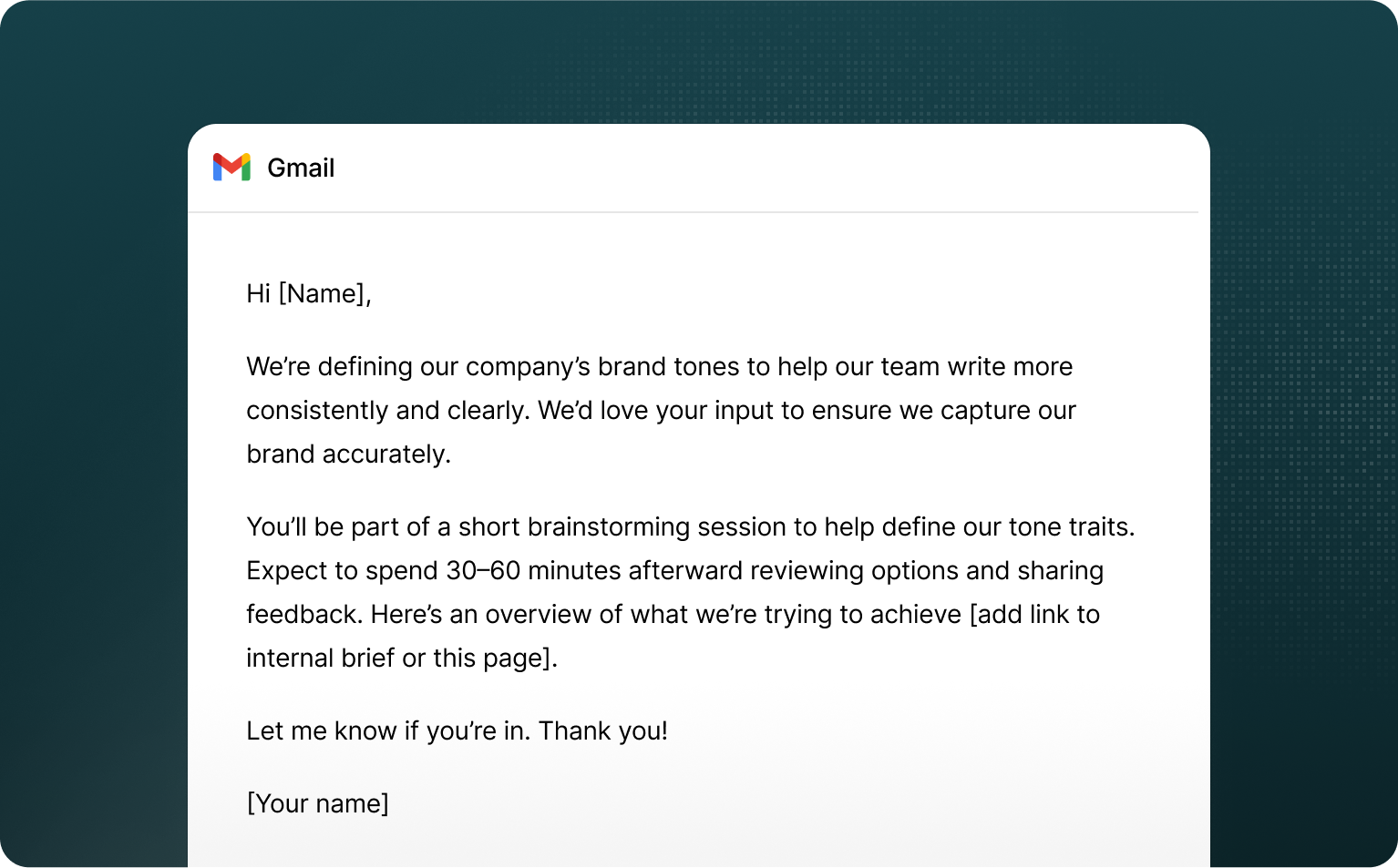 An e-mail in Gmail outlining the brand tones feature