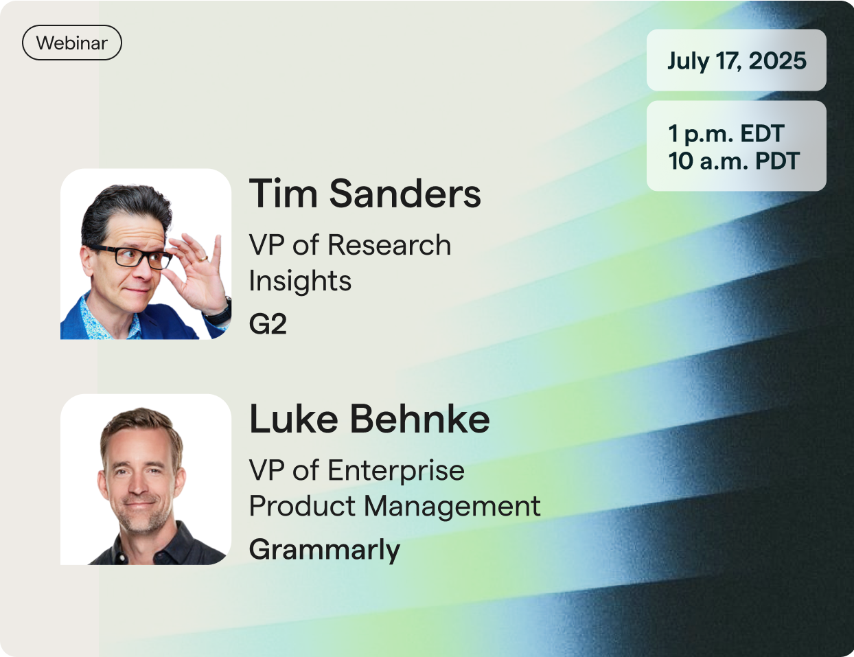Tim Sanders, Luke Behnke headshots with event details