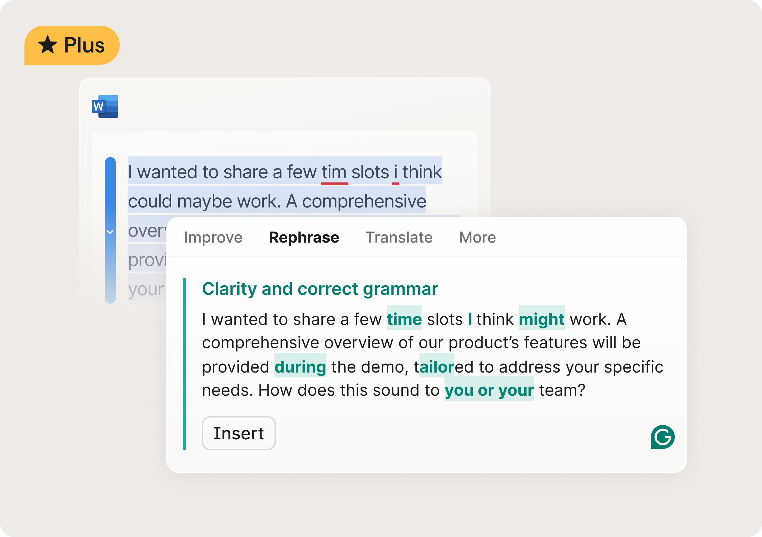 Grammarly plus providing clarity and correcting grammar