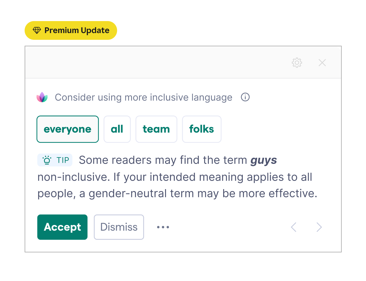 Grammarly shows ways to increase inclusivity in your writing. 