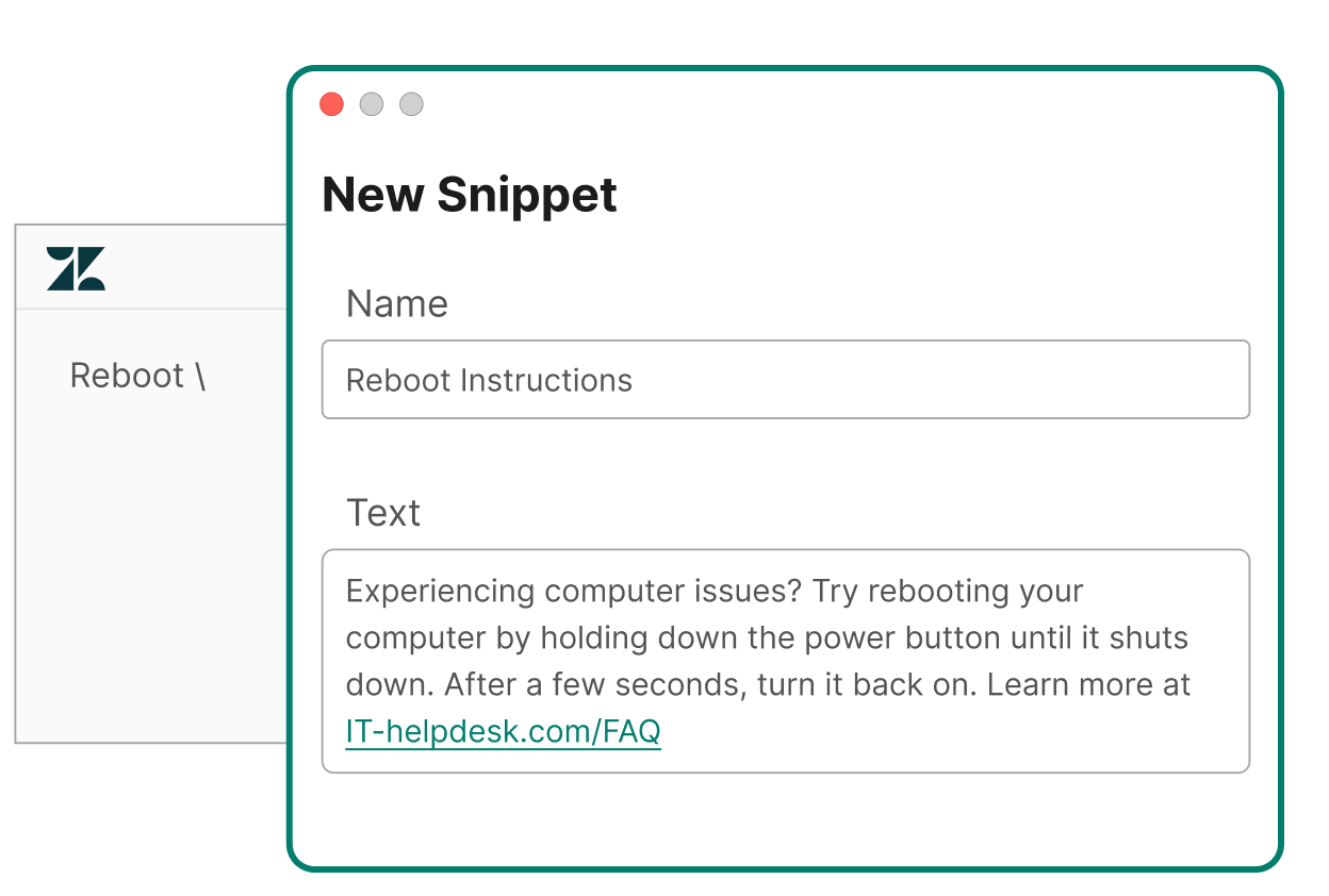 Product example showing how snippets can be used in Zendesk
