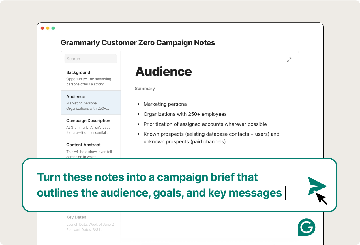 Grammarly user turning notes into a campaign brief