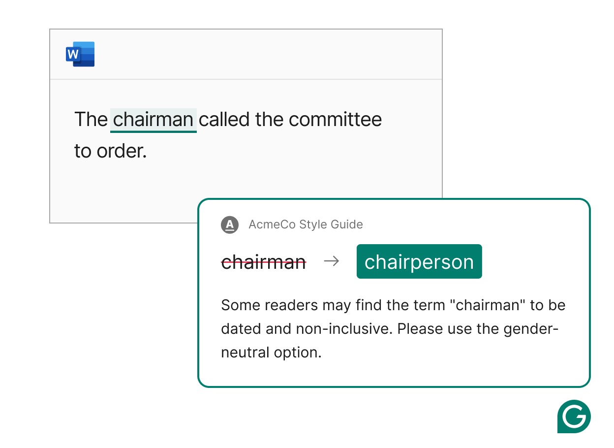 Grammarly correcting chairman to chairperson