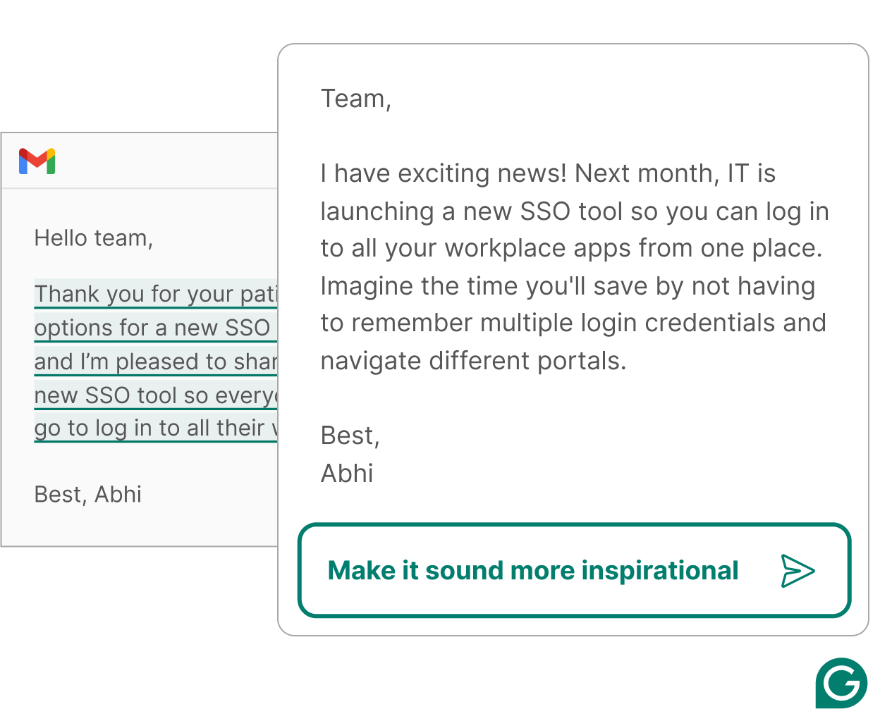 Grammarly's generative AI taking input text with prompt to make it more inspirational