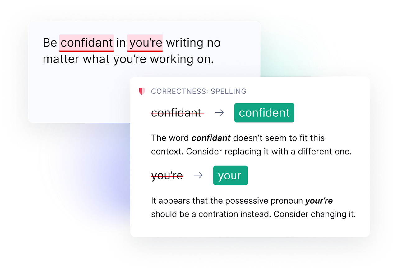 Spelling suggestions correcting confidant to confident and you're to your