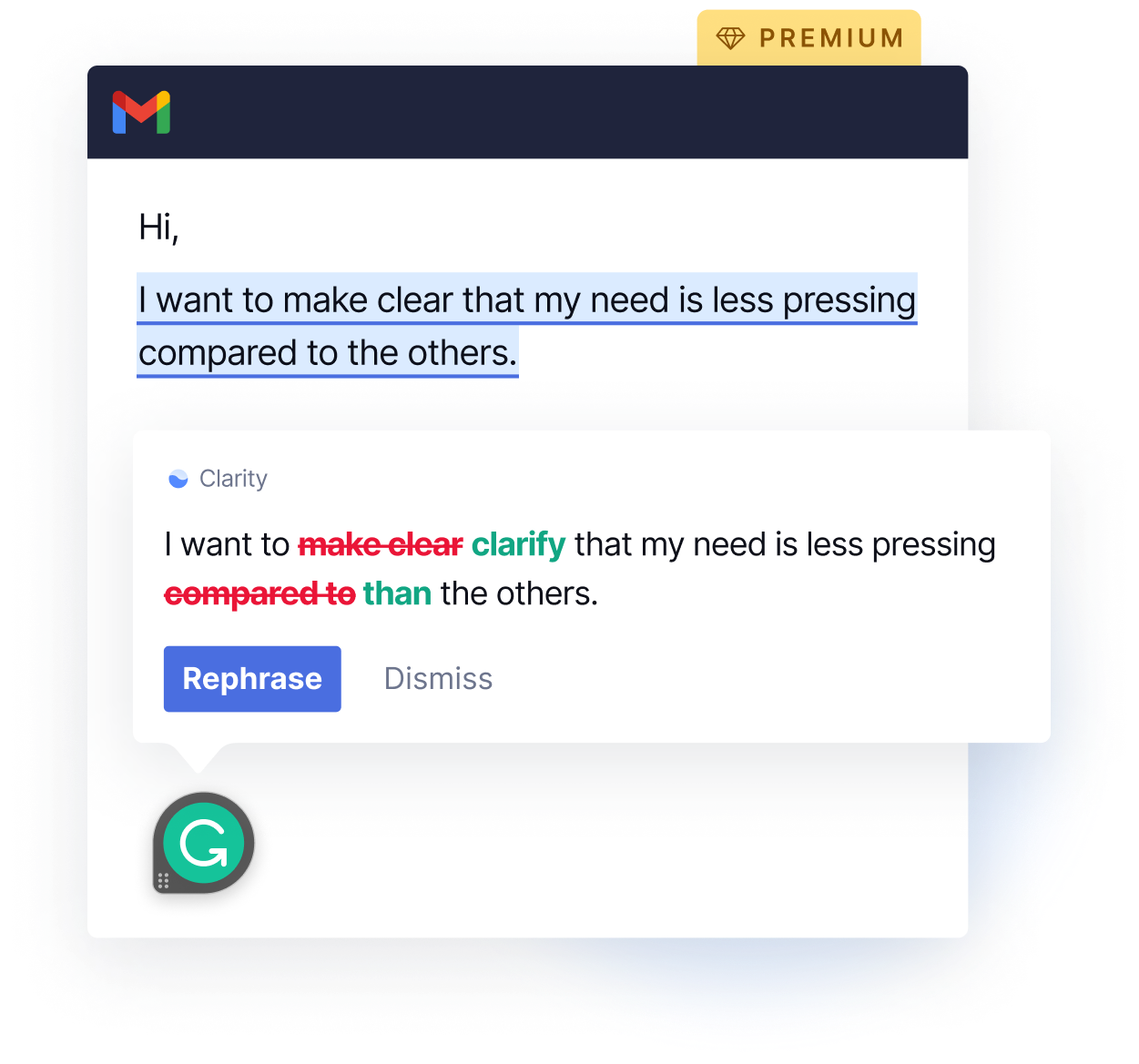 Full sentence rewrite example in Gmail