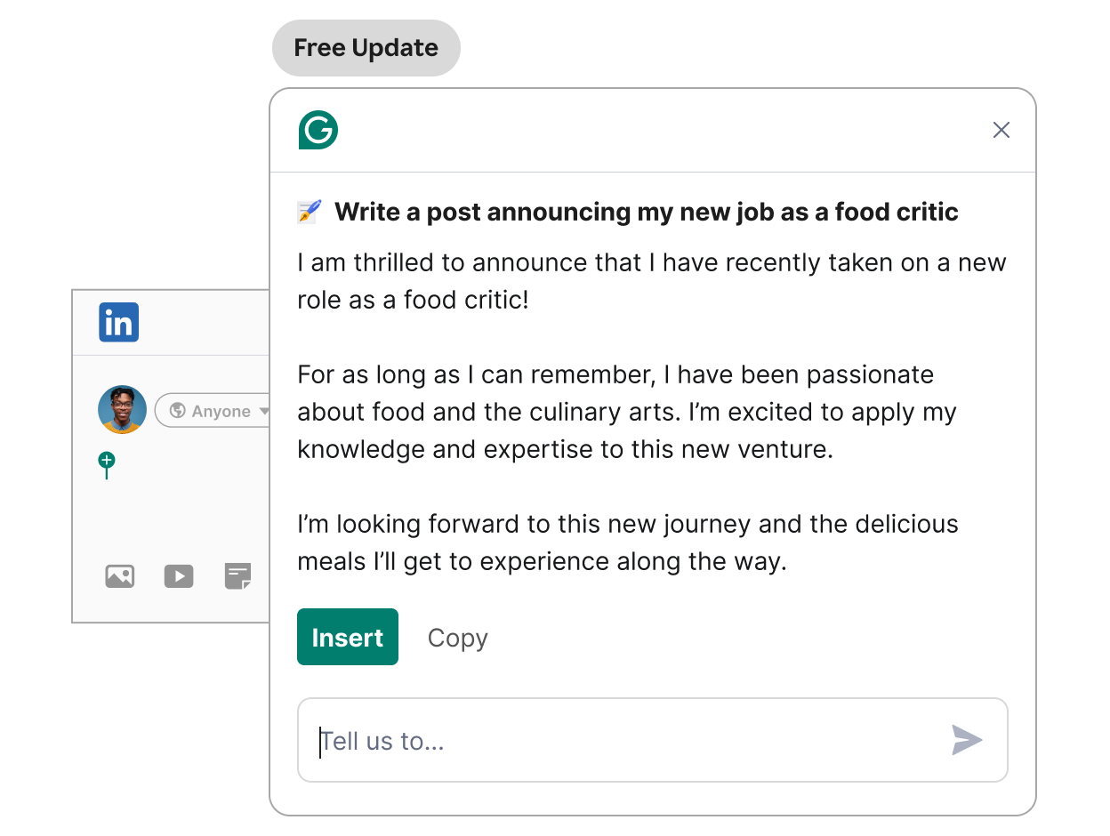 Grammarly responds to a request to write a post announcing a new job as a food critic using generative AI.
