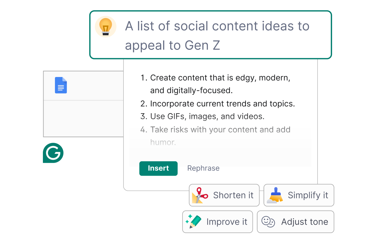 Grammarly suggests a list of social content ideas to appeal to Gen Z. 