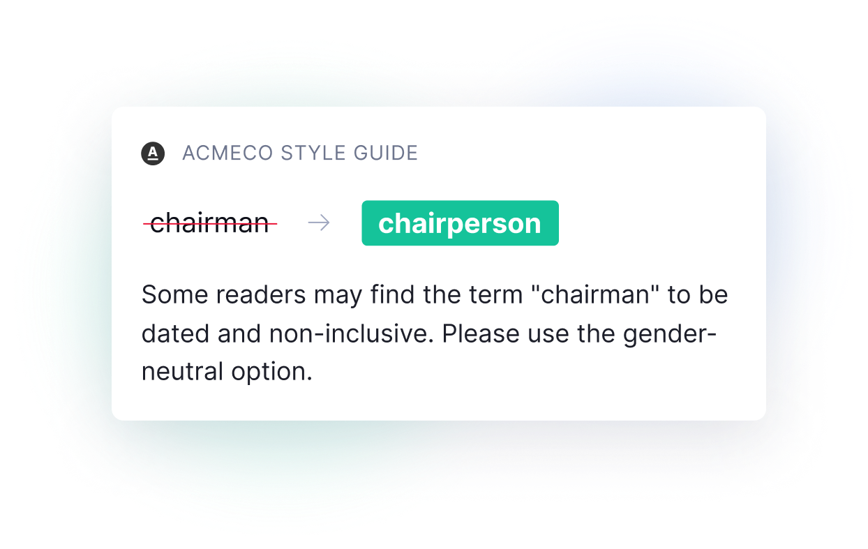 Grammarly's style guide encouraging inclusion by changing "chairman" to "chairperson". 