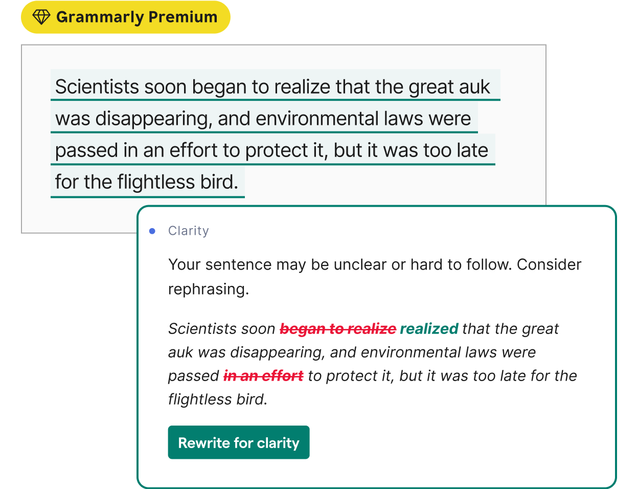 Example of a clarity suggestion from Grammarly