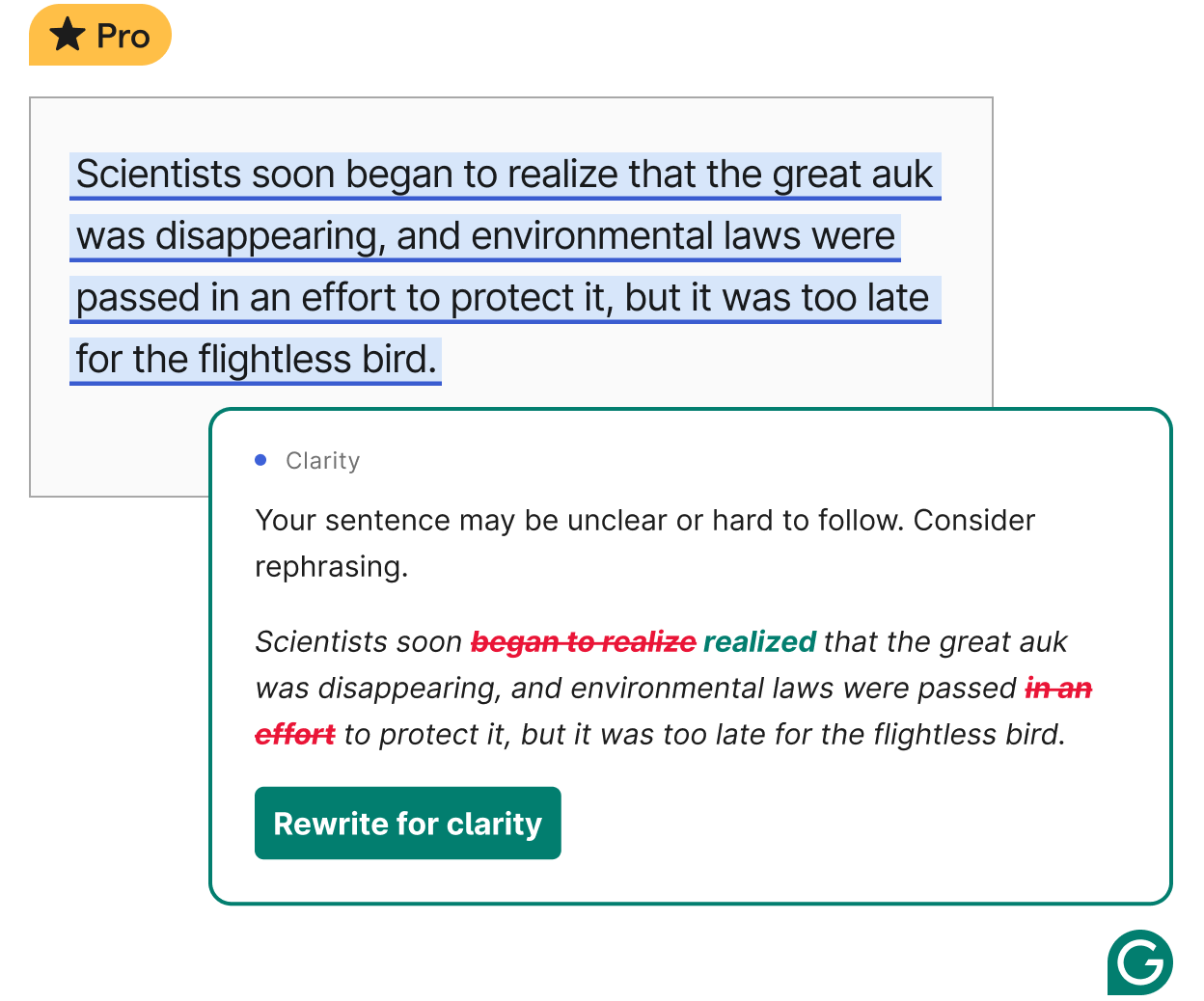 Example of a clarity suggestion from Grammarly