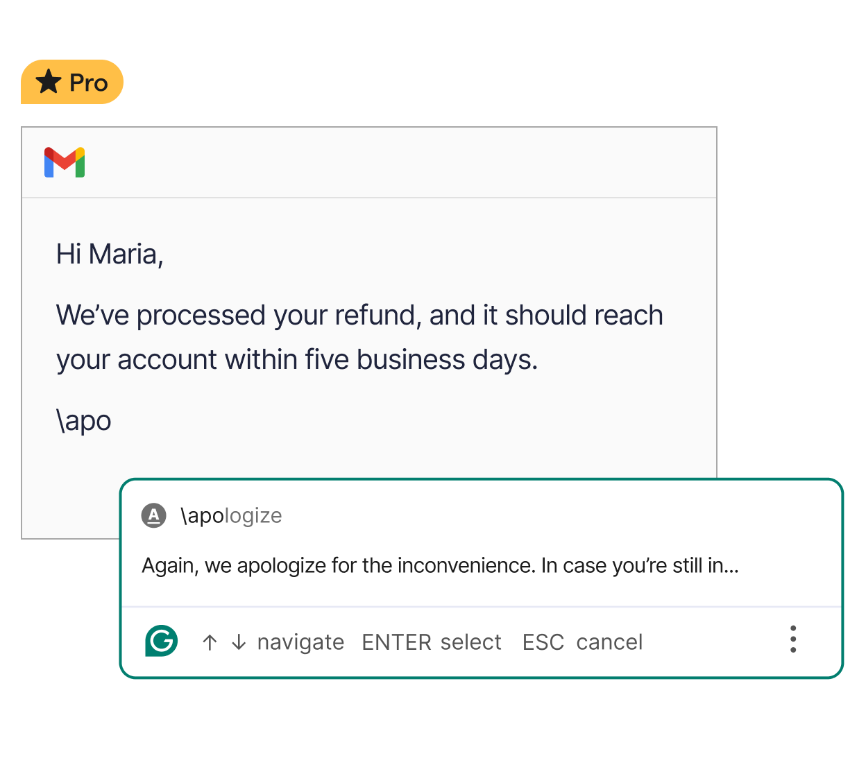 Example of how company's can use Grammarly's snippets feature to expedite tasks