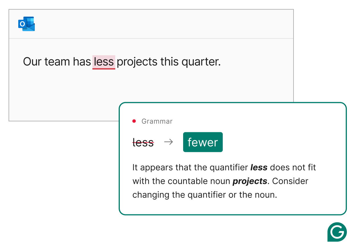 Outlook _ Less vs Fewer_ Our team has less projects this quarter _ Product Example