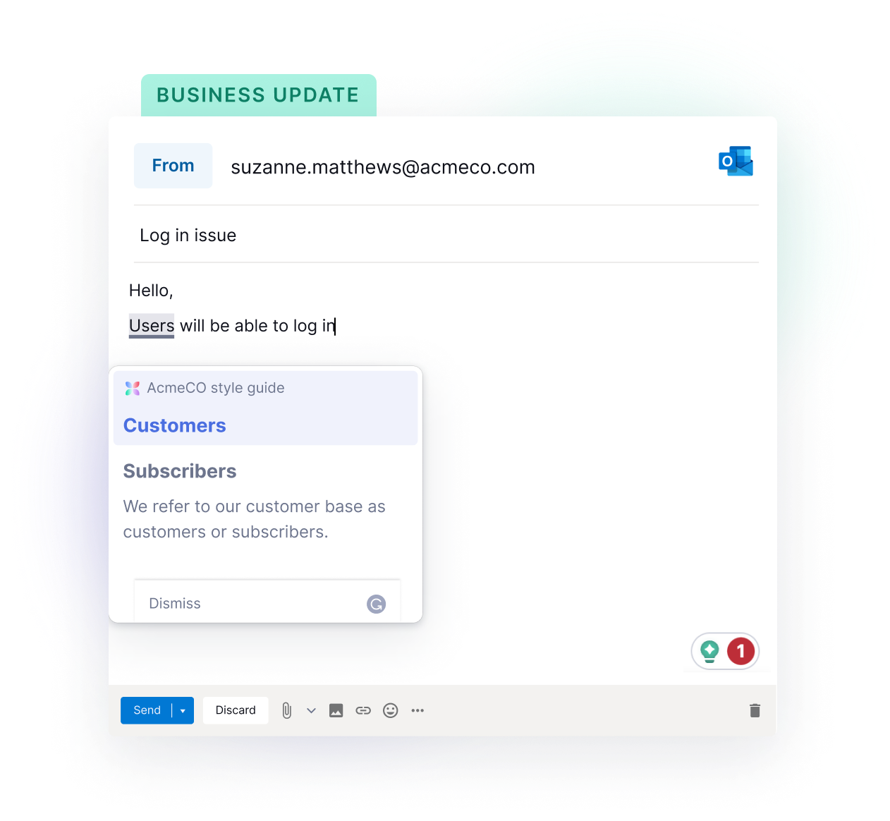 A Grammarly window within an email suggesting editing copy to match the company's style guide.