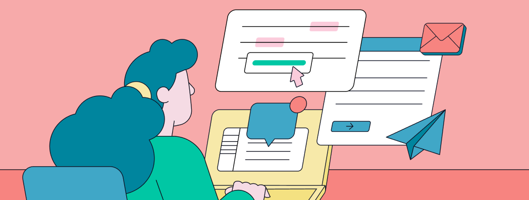 websites that help with paraphrasing An illustrated person sitting at a laptop with icons above their head.