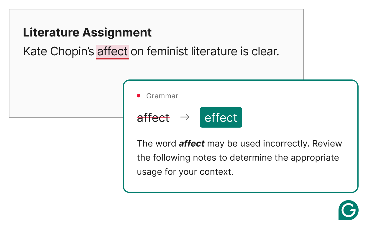 Spelling correction showing the difference between affect and effect