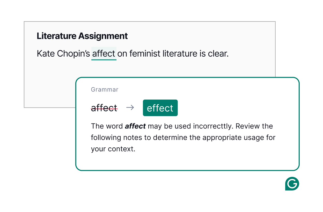 Spelling correction showing the difference between affect and effect